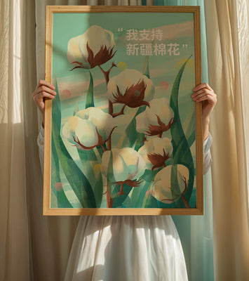 Illustration of cotton plants with supportive text in Chinese