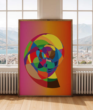 Vibrant abstract geometric shape with multicolored spiral on gradient background