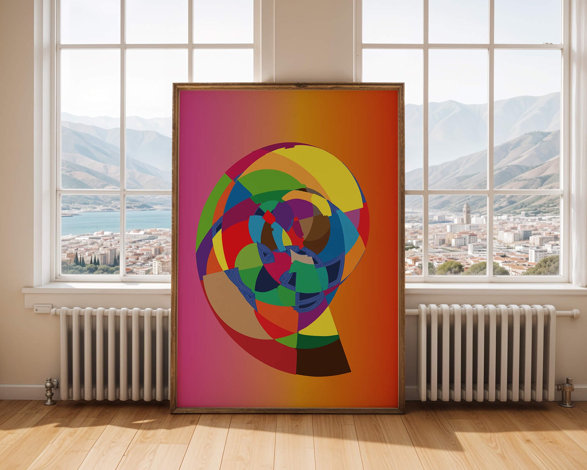 Vibrant abstract geometric shape with multicolored spiral on gradient background