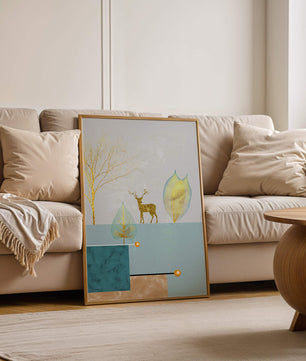 Abstrakte Komposition mit goldenem Hirsch und Blättern auf strukturiertem Hintergrund