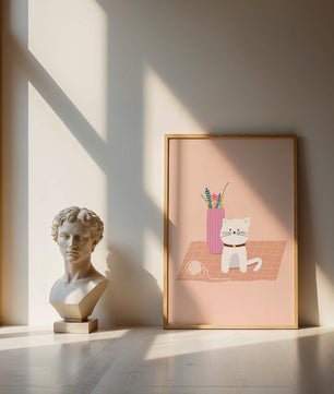 Illustration of a cute white cat with a pink vase and yarn ball on a pastel background
