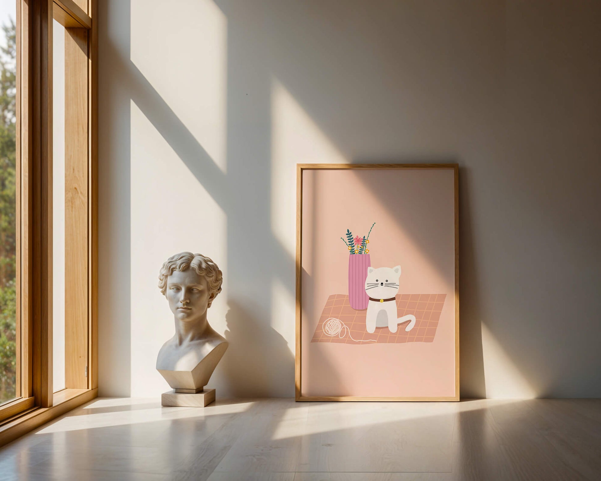 Illustration of a cute white cat with a pink vase and yarn ball on a pastel background