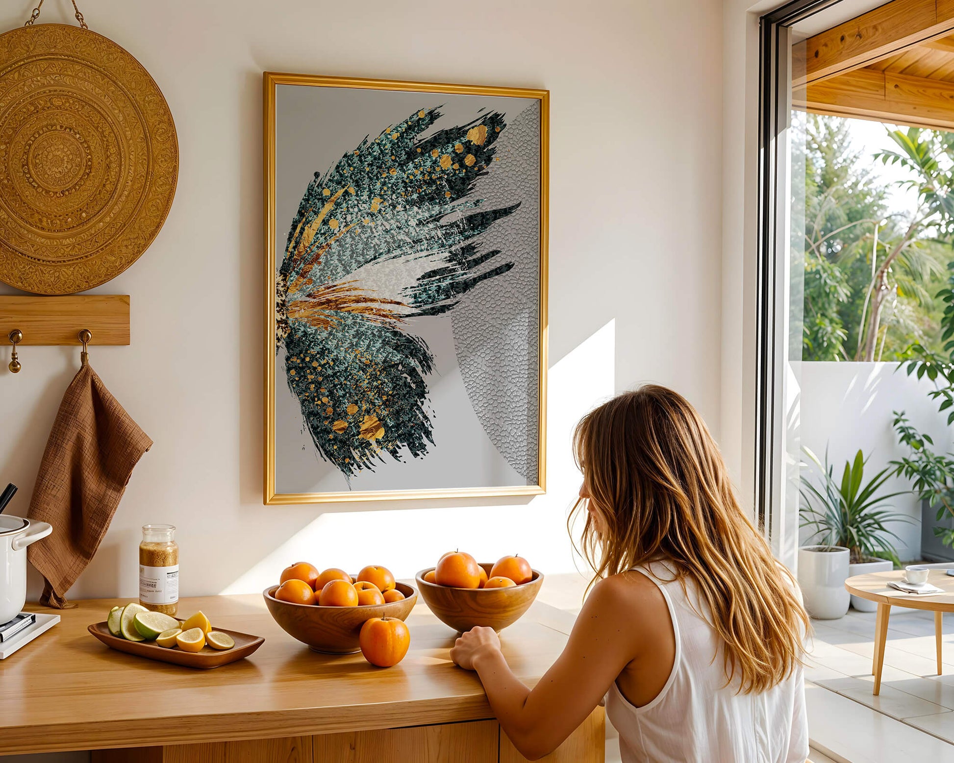 Ala de mariposa abstracta con detalles turquesa y dorados