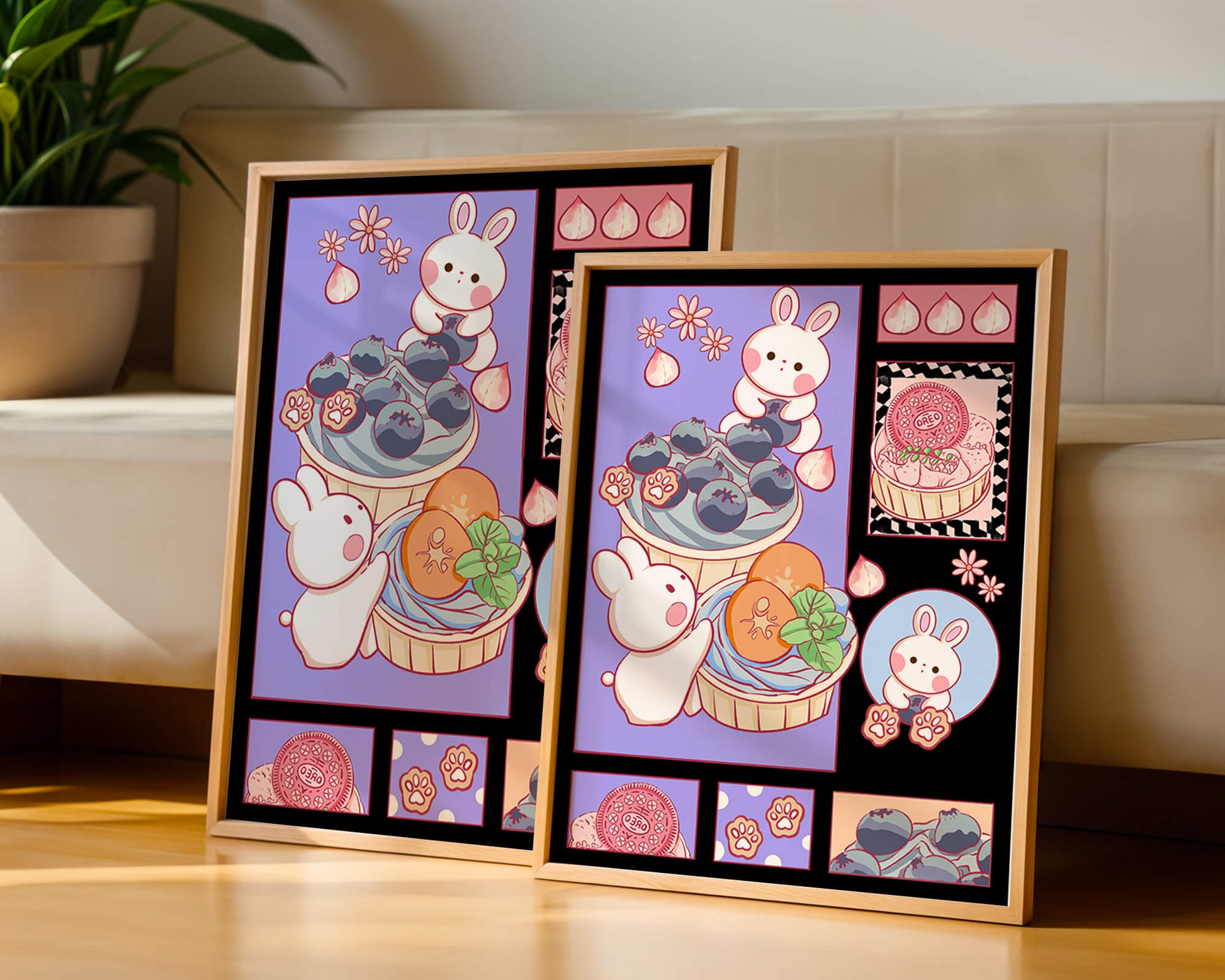 Conejos de dibujos animados encantadores con postres y arándanos