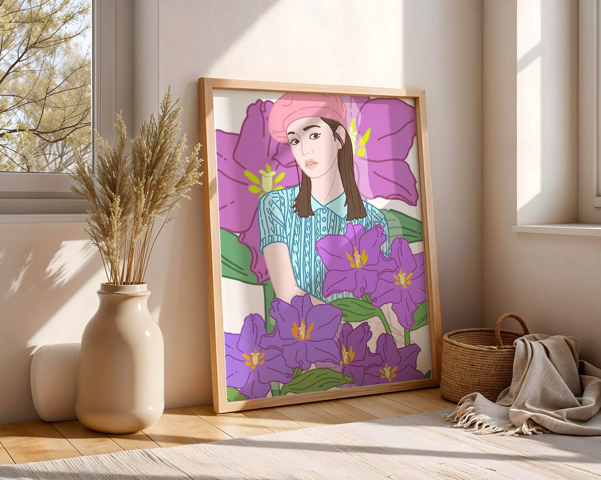 Ilustración de una joven con boina rosa y flores moradas