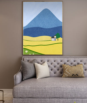 Serene Countryside Landscape with Mountain and Flowers