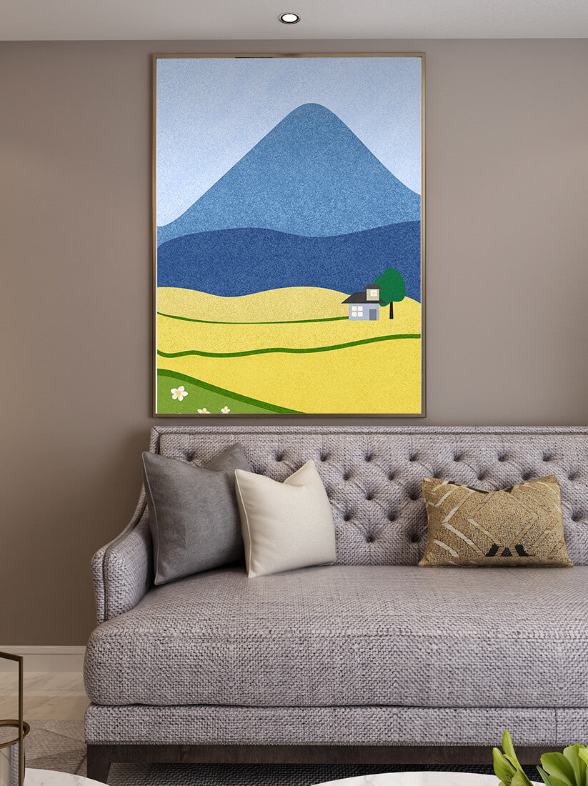 Serene Countryside Landscape with Mountain and Flowers