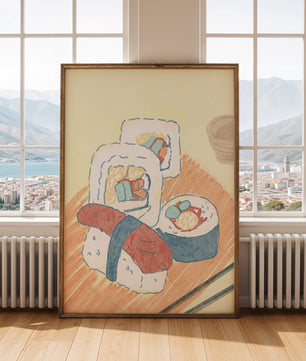 Illustration of assorted sushi on a wooden board