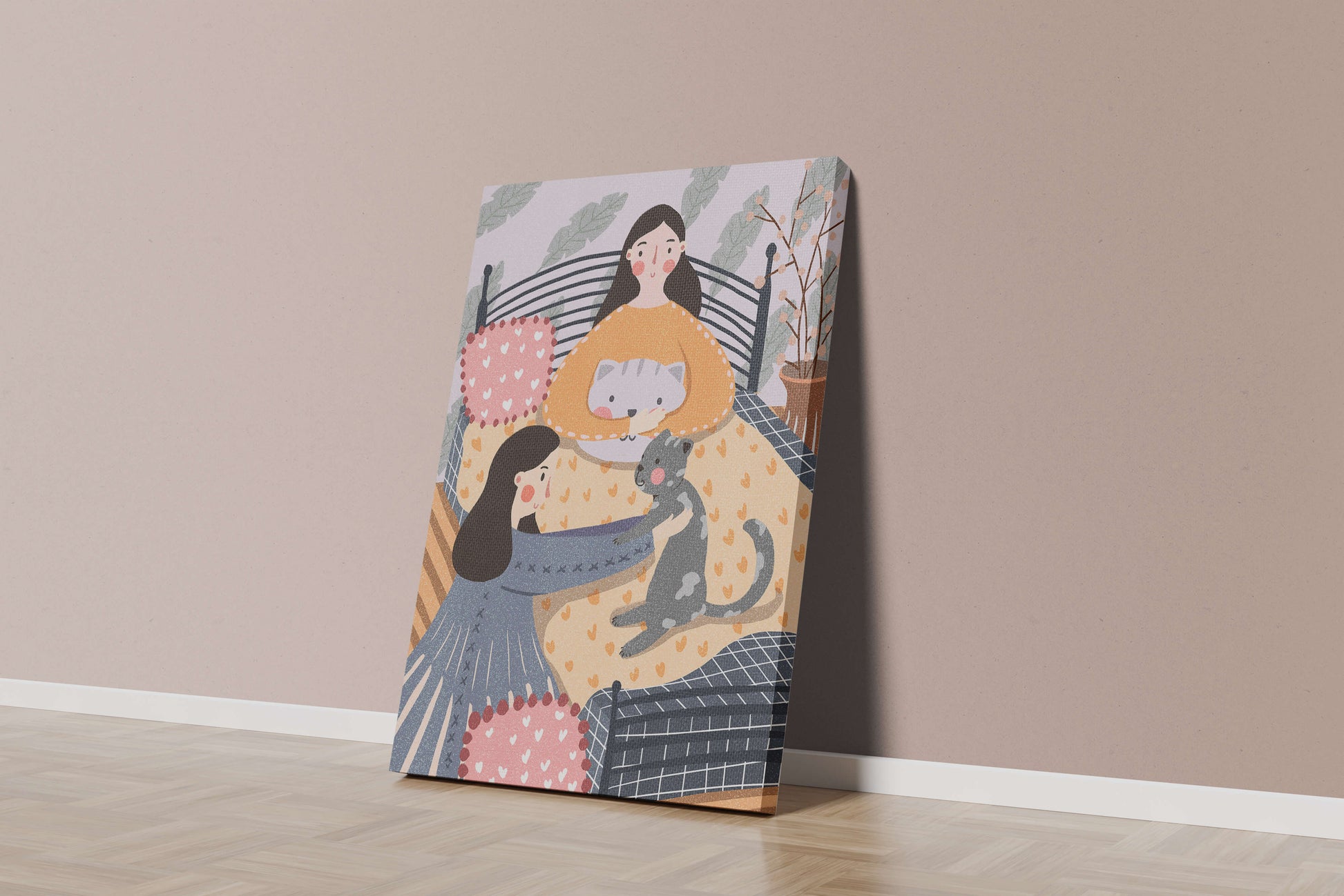 Escena interior acogedora con mujeres, gatos y elementos decorativos