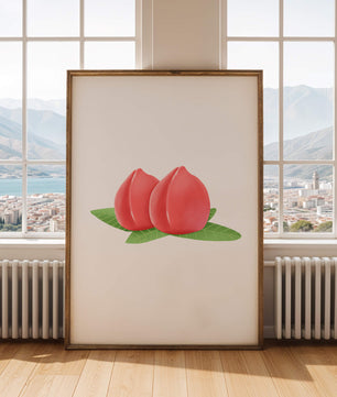 Ilustración realista de melocotones jugosos con hojas verdes