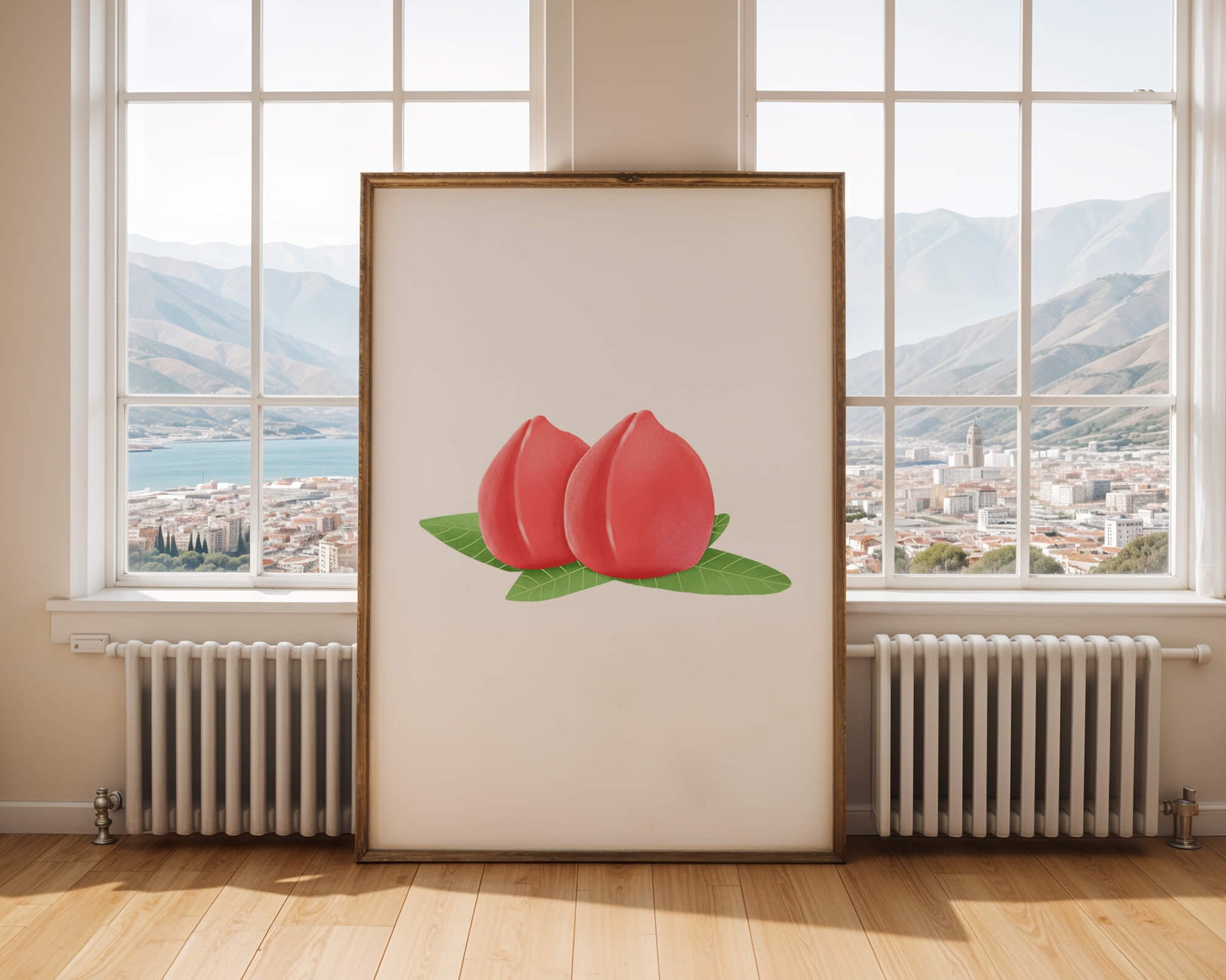 Realistic illustration of juicy peaches with green leaves