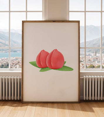 Realistic illustration of juicy peaches with green leaves