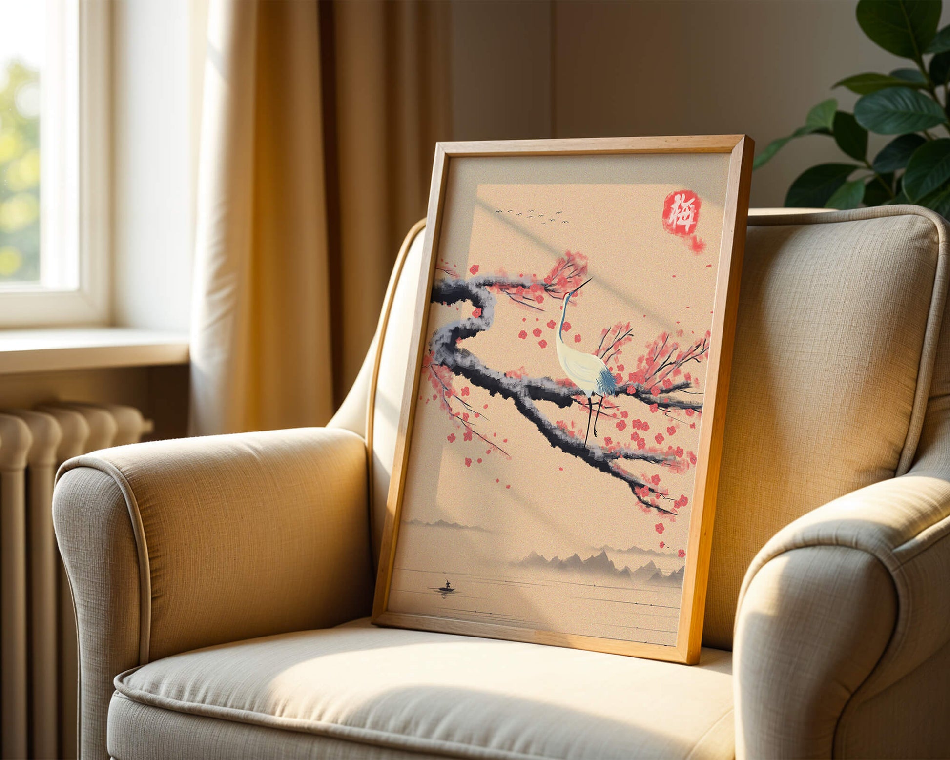 Elegant crane on cherry blossom branch with serene landscape
