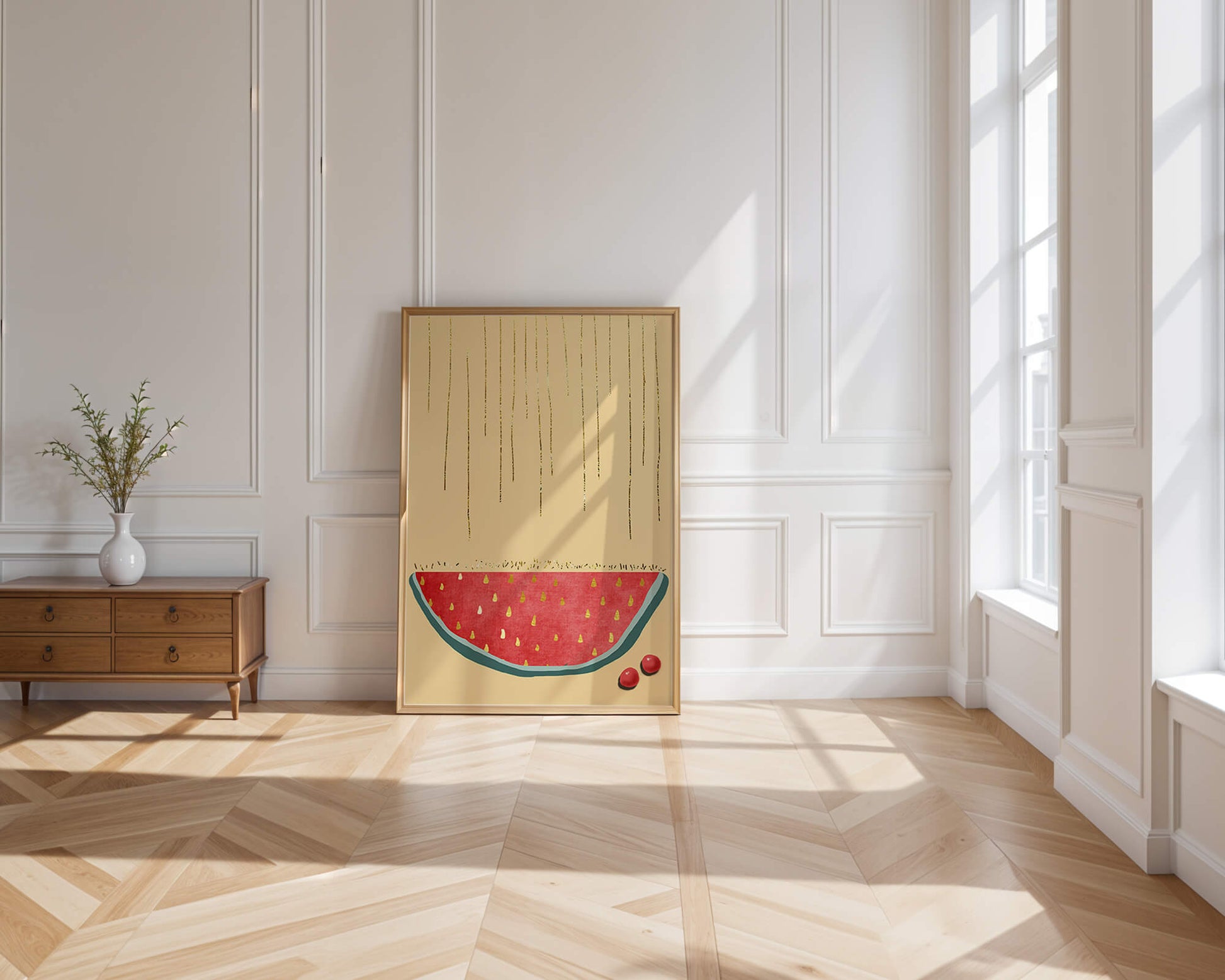 Abstract Watermelon Slice with Gold Accents on Minimalist Background