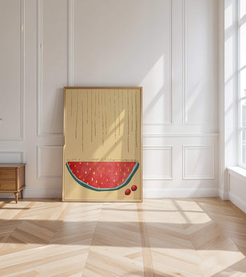 Abstract Watermelon Slice with Gold Accents on Minimalist Background