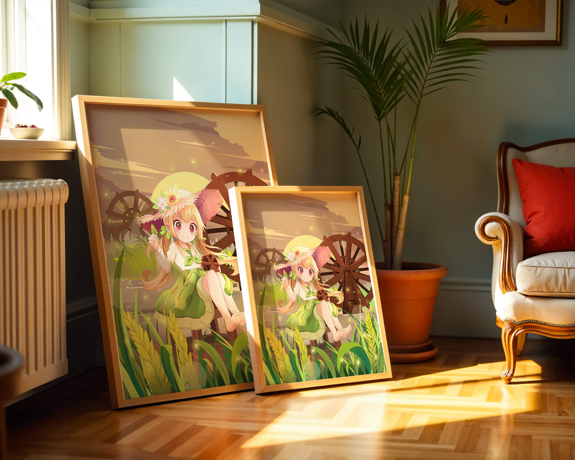 Enchanted countryside scene with a cute character and vibrant nature