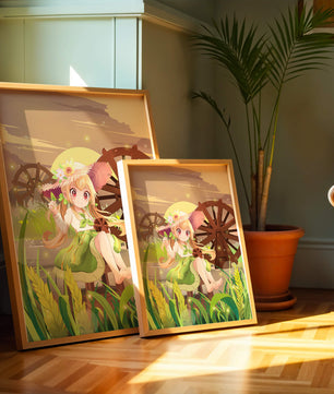 Enchanted countryside scene with a cute character and vibrant nature