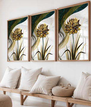 Golden flower artwork with abstract background for contemporary decor