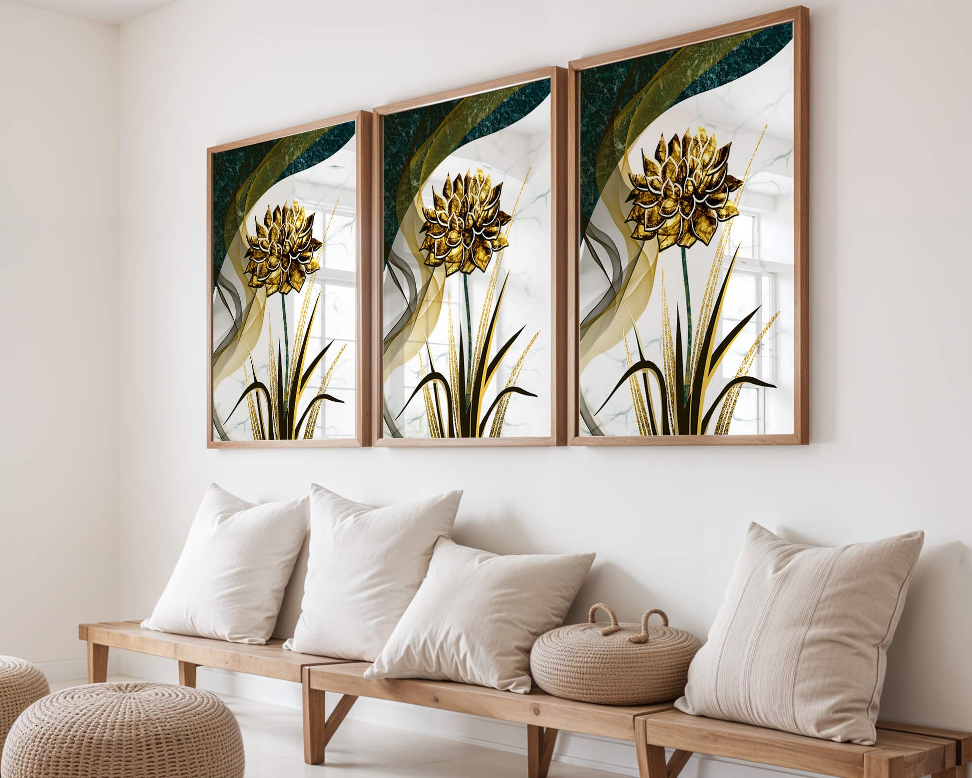 Golden flower artwork with abstract background for contemporary decor