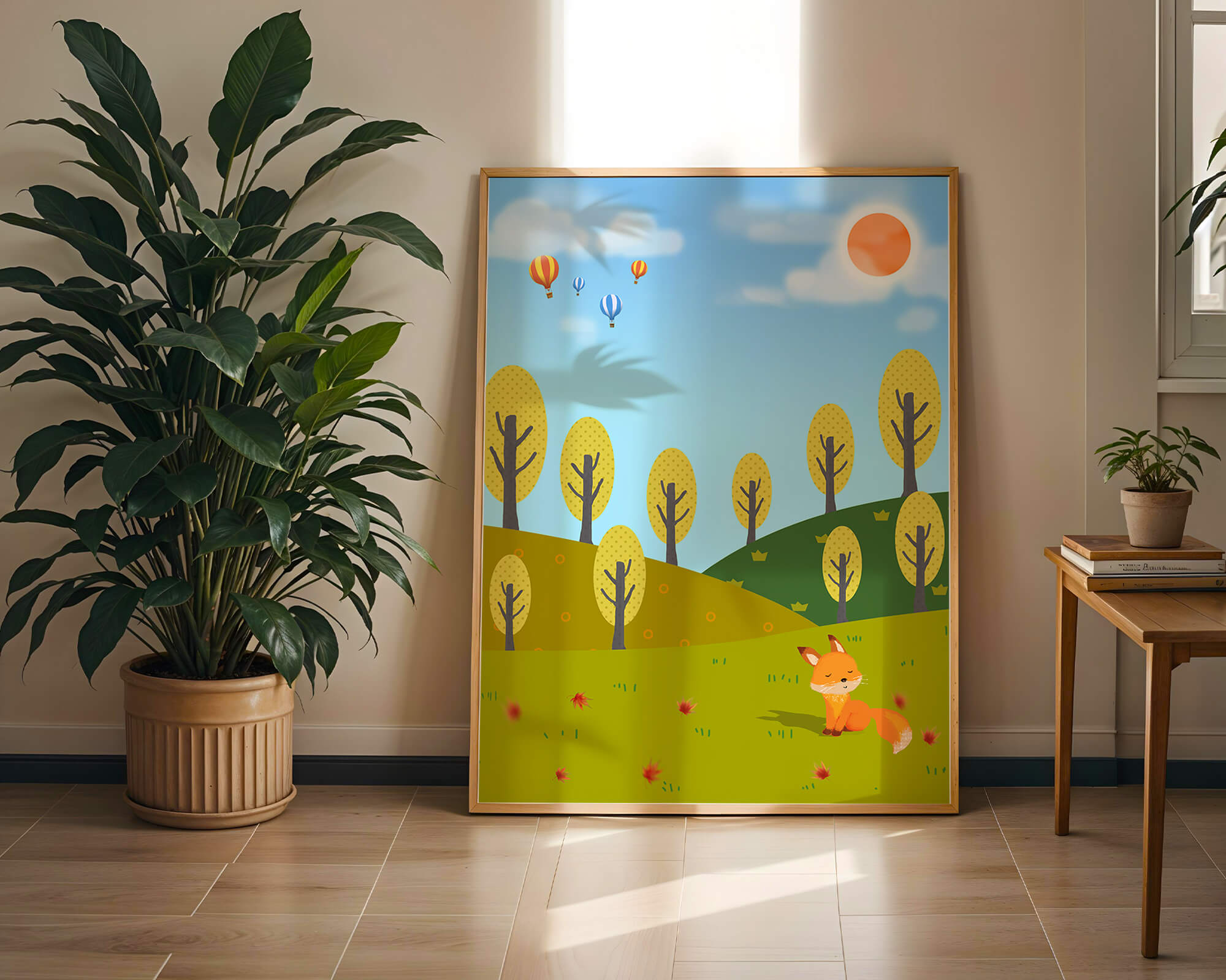 Whimsical landscape with hot air balloons and a fox in autumn scenery