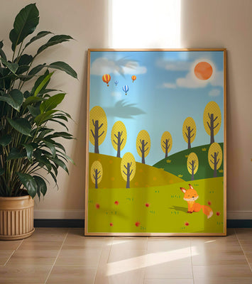 Whimsical landscape with hot air balloons and a fox in autumn scenery