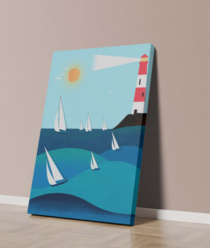 Coastal scene with sailboats and lighthouse on a bright sunny day