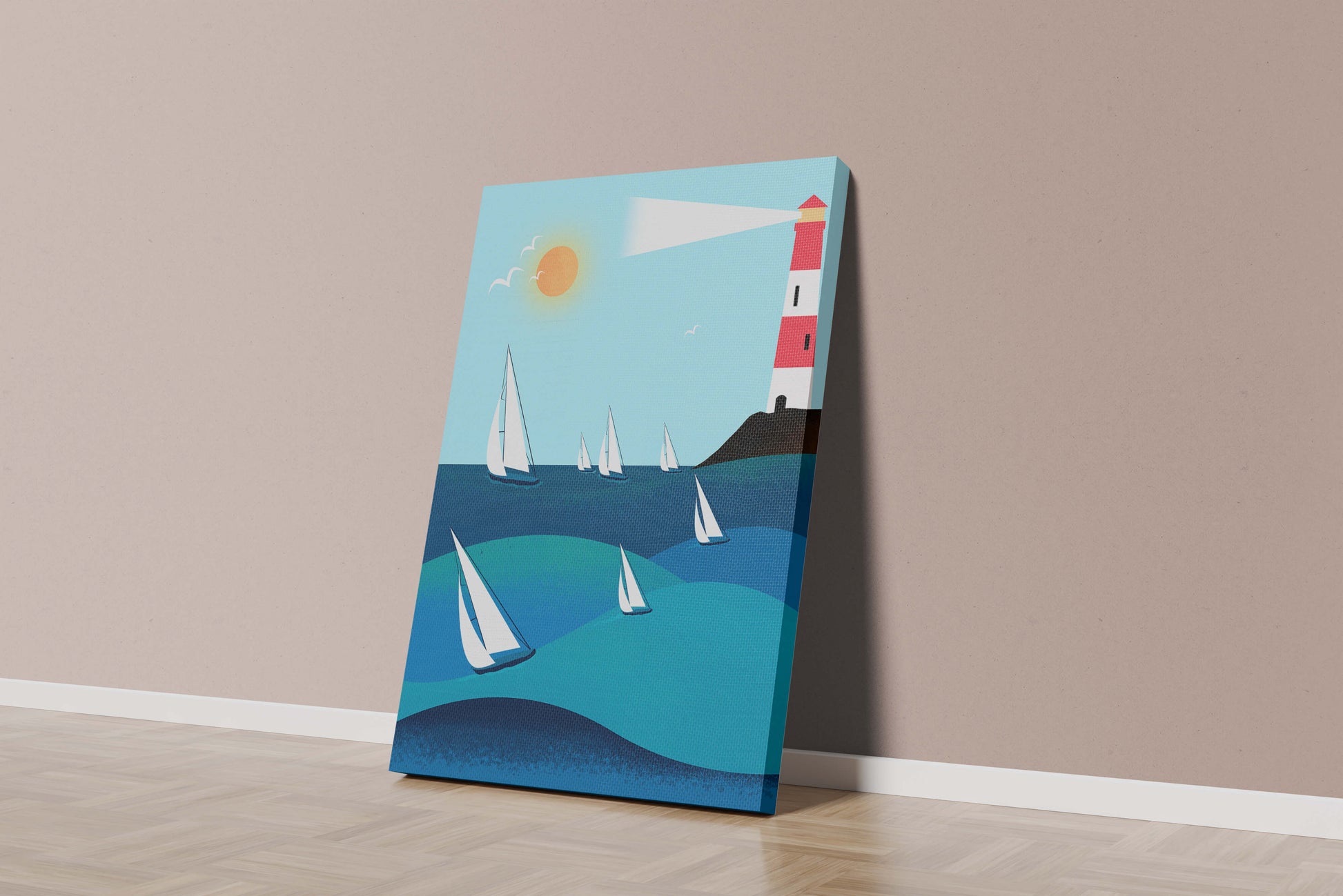 Coastal scene with sailboats and lighthouse on a bright sunny day
