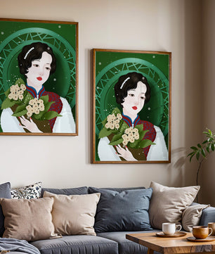 Elegant portrait of a woman with a bouquet of roses on a green abstract background