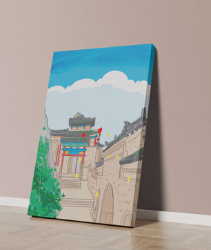 Arquitectura china tradicional con toques vibrantes y fondo escénico