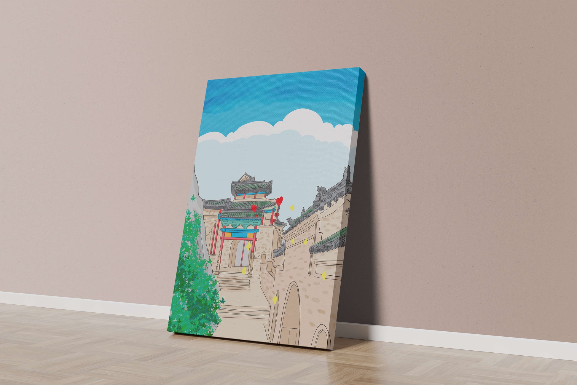 Arquitectura china tradicional con toques vibrantes y fondo escénico
