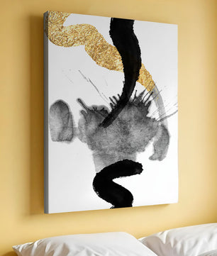 Abstract black and gold brushstrokes with textured patterns