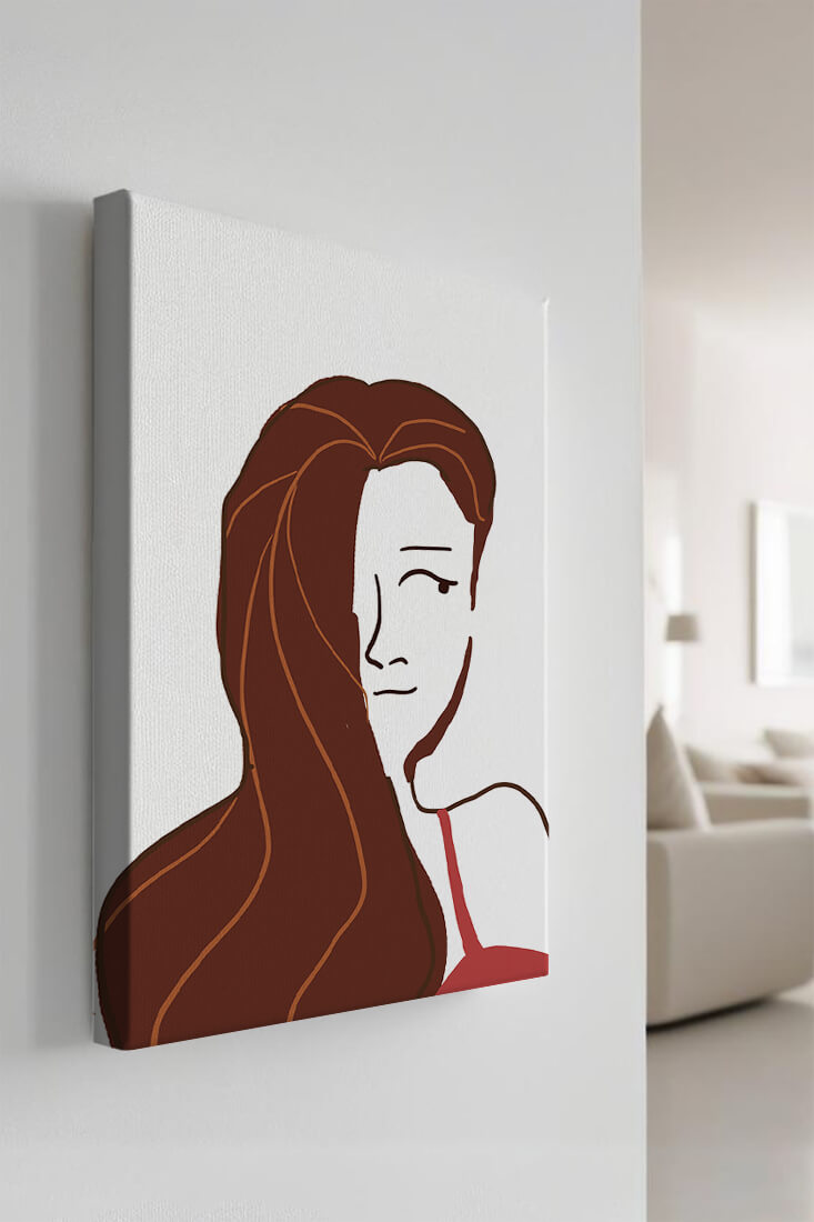 Ilustración estilizada de una mujer con cabello fluyendo y diseño minimalista
