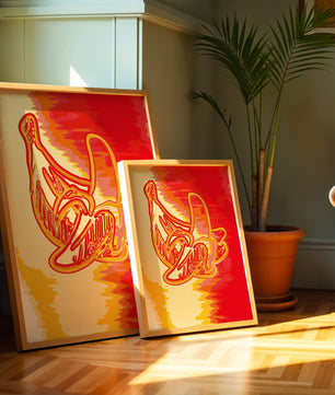 Abstract banana art with vibrant red and orange hues