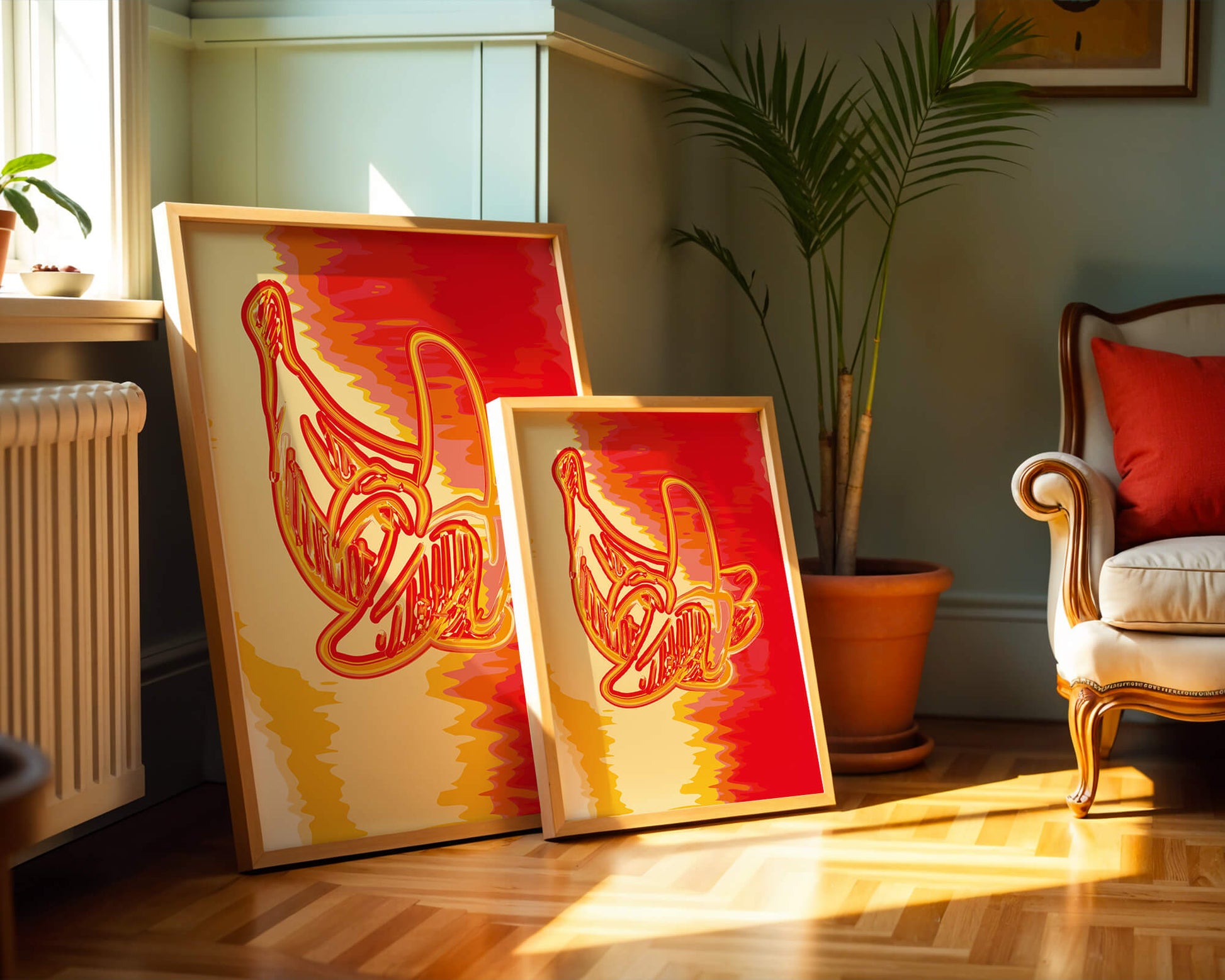 Abstract banana art with vibrant red and orange hues