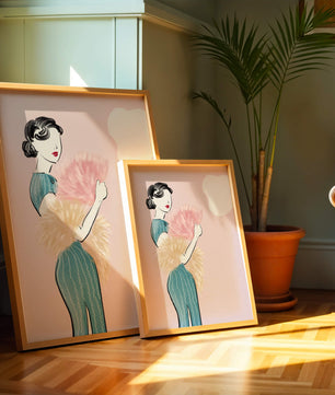 Elegant woman in vintage dress with pink background