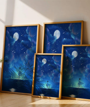 Cielo nocturno soñador con figura danzante y luz de luna brillante