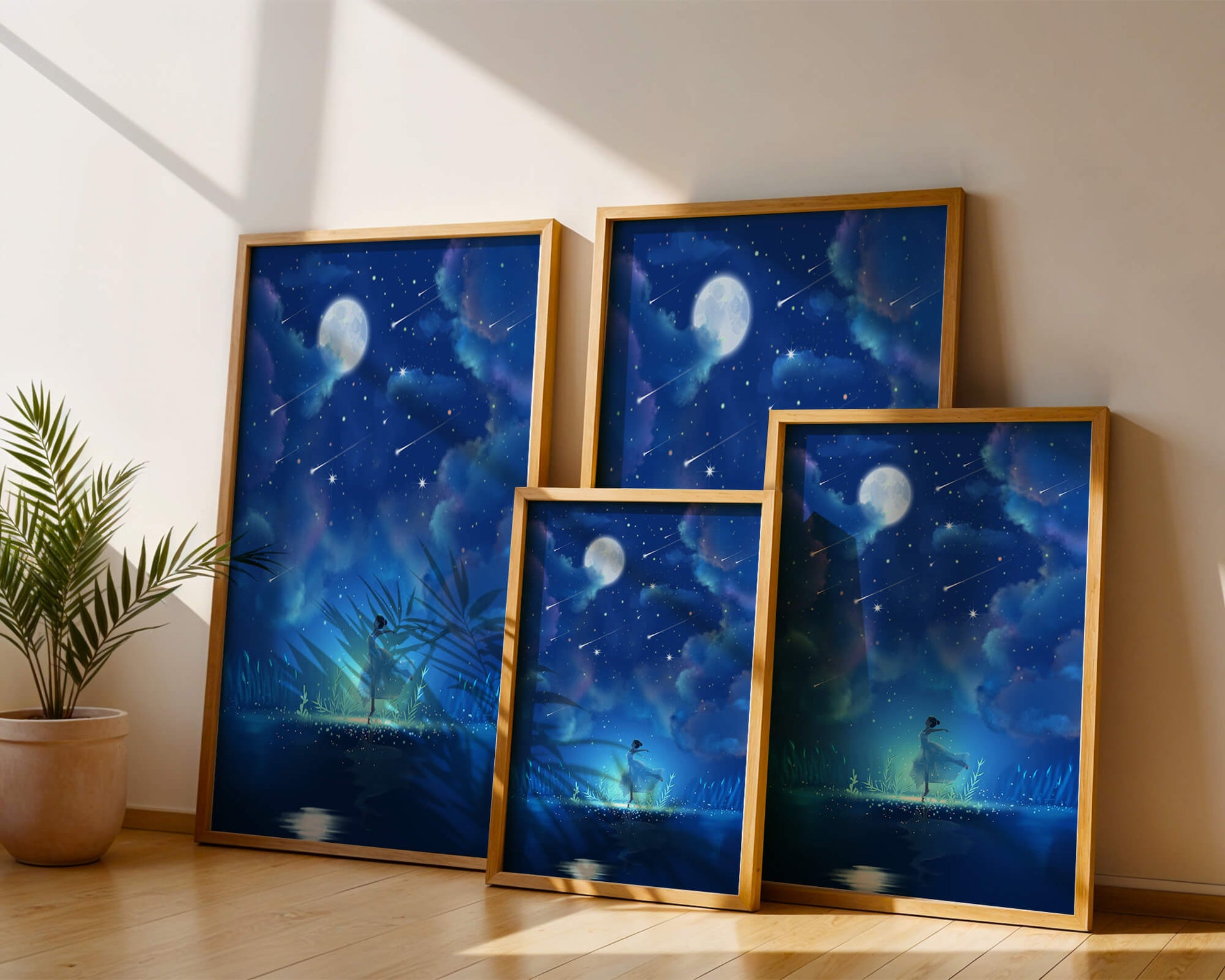 Cielo nocturno soñador con figura danzante y luz de luna brillante