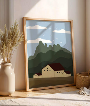 Paisaje minimalista de montaña con casas y pájaros en el cielo