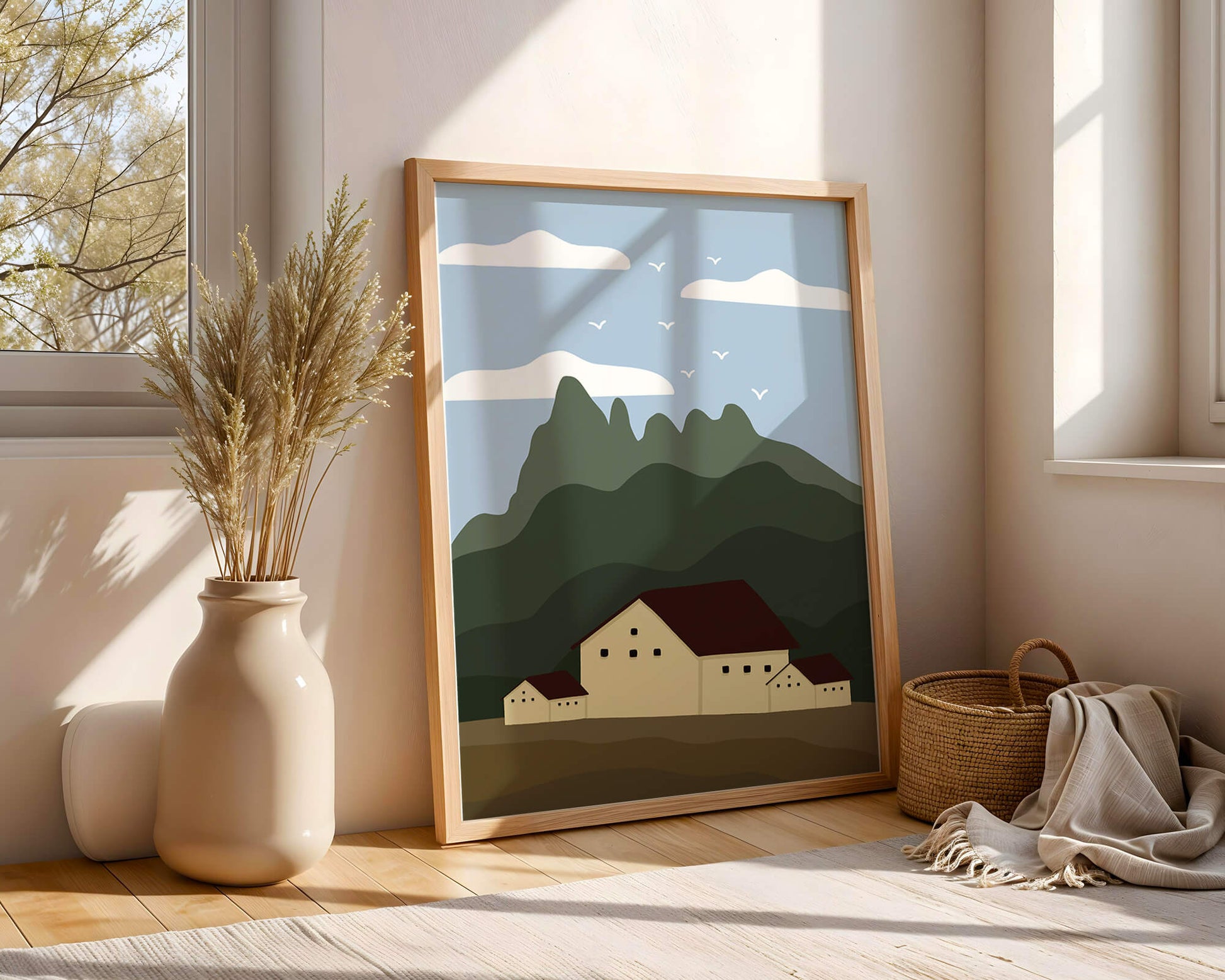 Paisaje minimalista de montaña con casas y pájaros en el cielo