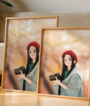 Chica de anime con boina roja sosteniendo una cámara durante el otoño
