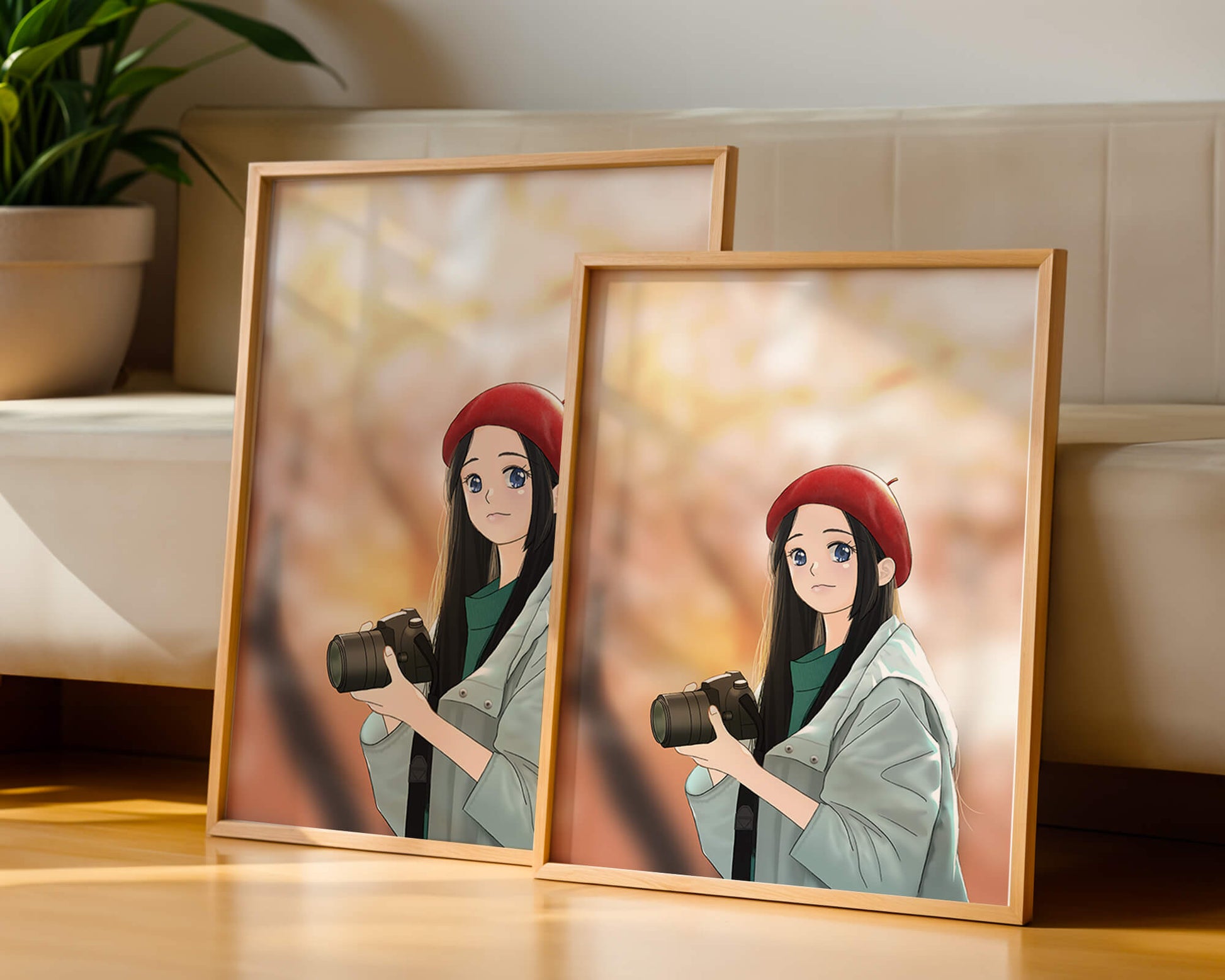 Anime girl in red beret holding camera during autumn