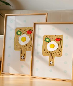 Ilustración de una escena de desayuno con huevo, aguacate y tomate sobre tabla de madera