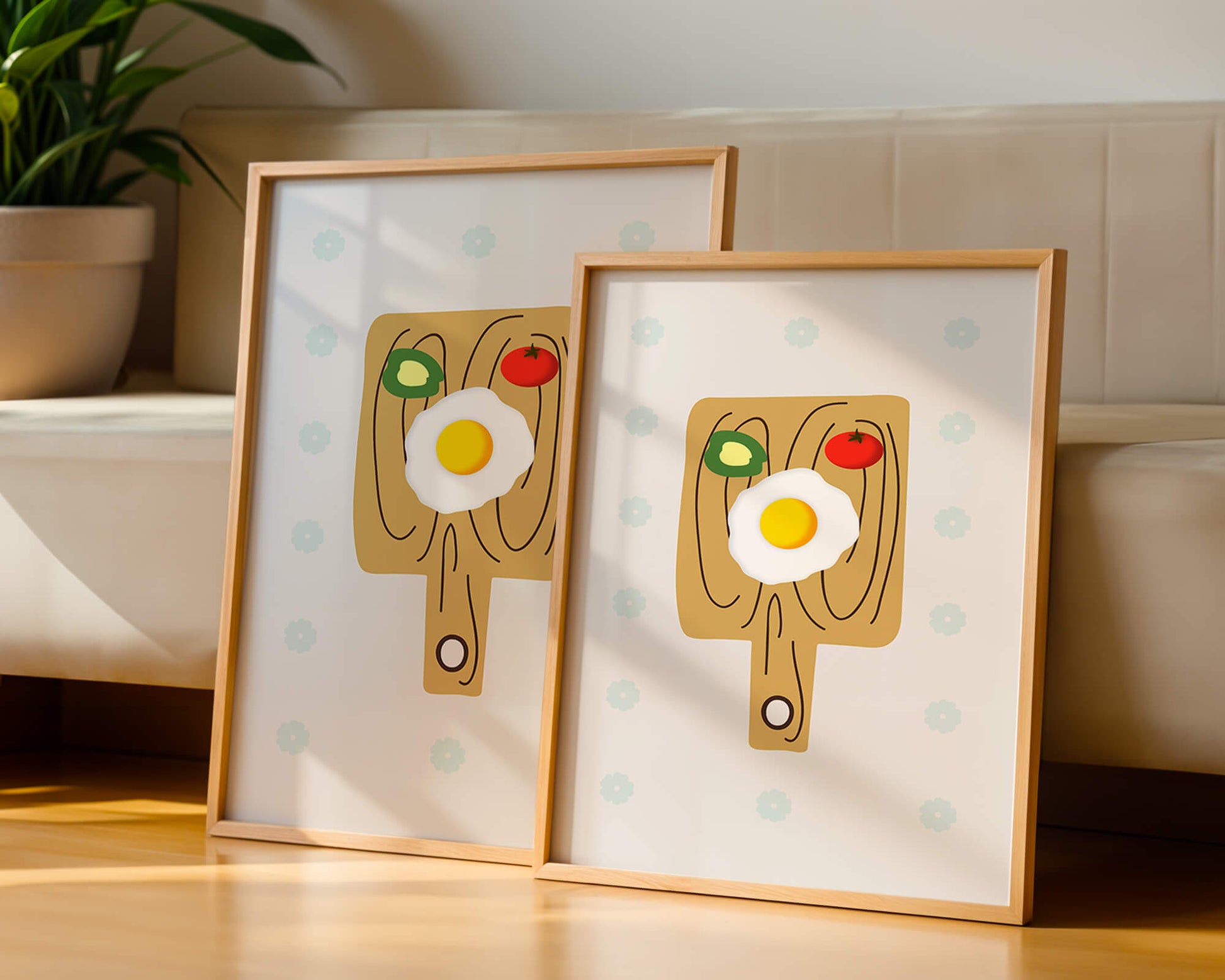 Ilustración de una escena de desayuno con huevo, aguacate y tomate sobre tabla de madera