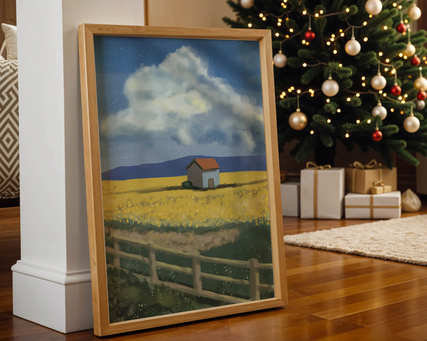 Idyllic rural scene with house and yellow field under blue sky