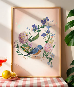 Delightful illustration of a bird amidst colorful flowers on a soft pink background