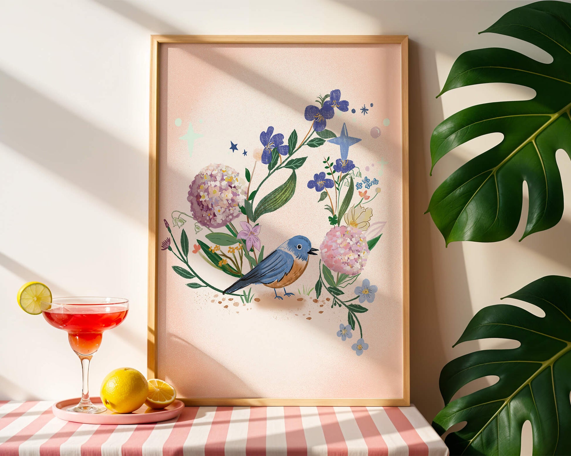 Delightful illustration of a bird amidst colorful flowers on a soft pink background