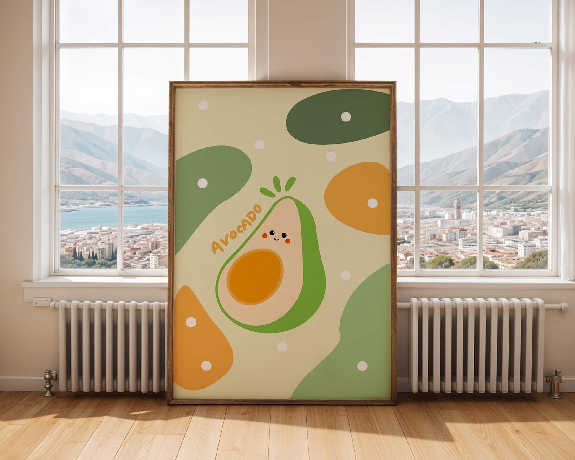 Adorable cartoon avocado design with colorful background
