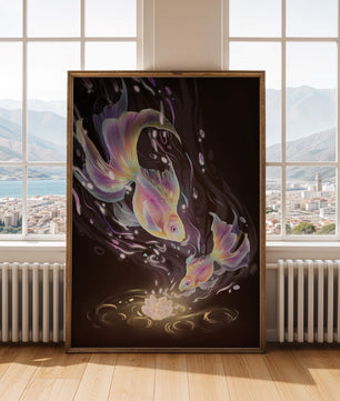 Colorful Koi Fish in a Dreamlike Underwater Scene with Illuminated Elements