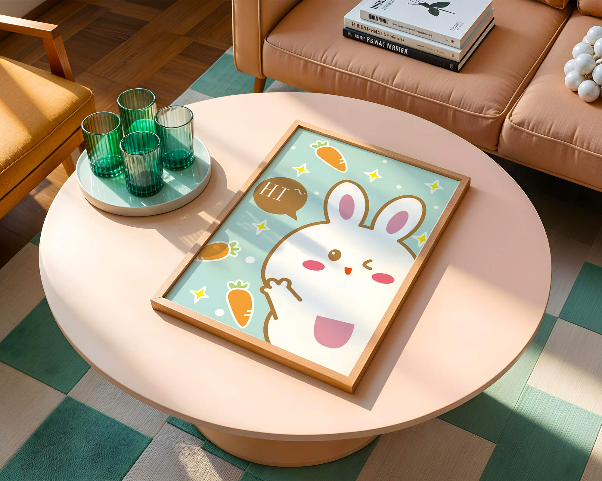 Playful cartoon bunny with carrots and stars on teal background