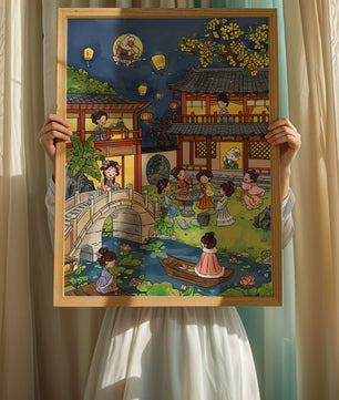 Traditional Chinese Garden Scene with Lanterns and Moon Rabbit